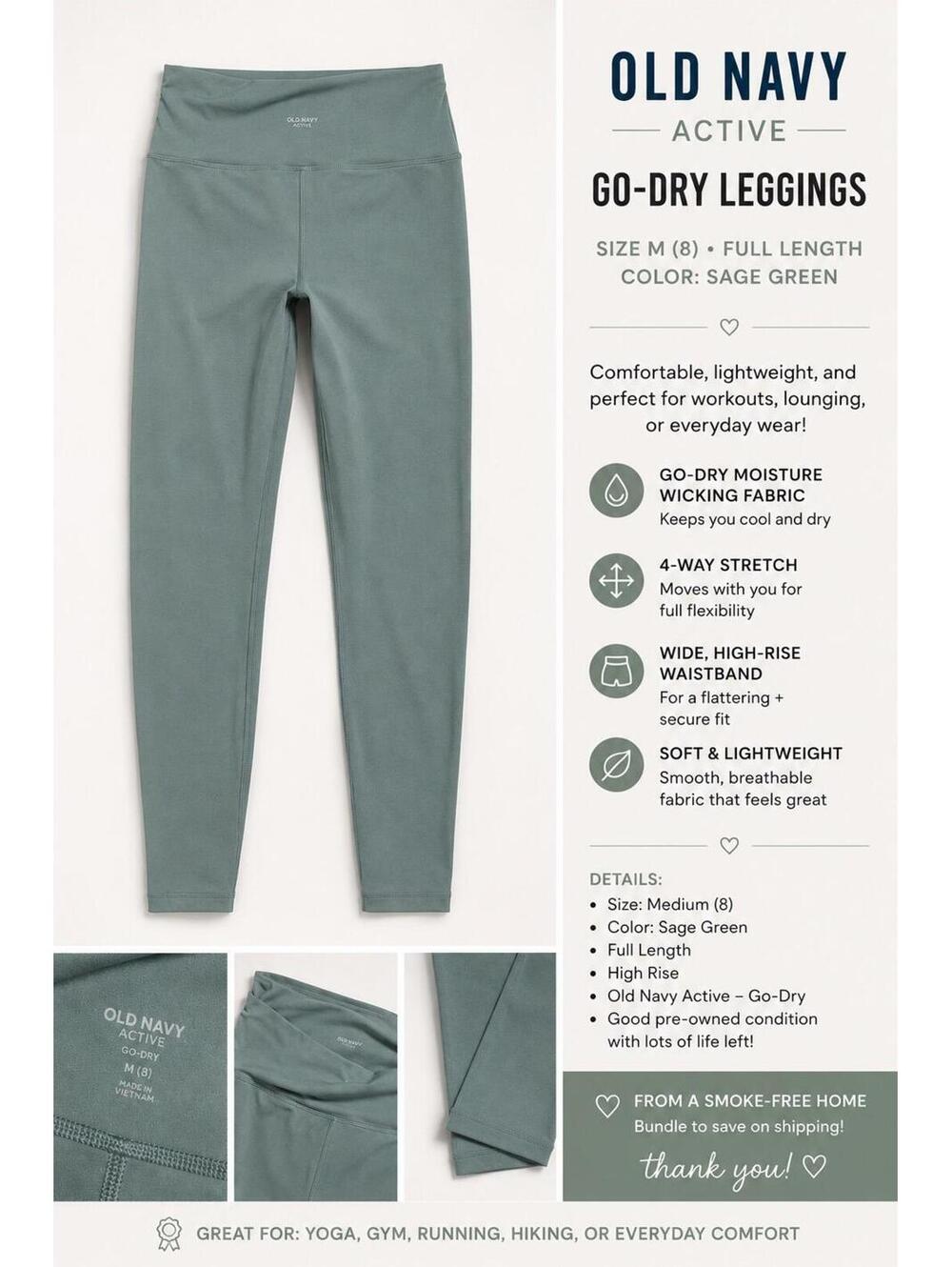 Old Navy Active Go-Dry Leggings – Women’s Medium Tall – Sage Green